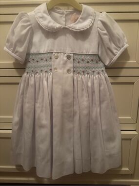 Frances Rose White Smocked Peter Pan Collar Dress with red & Green Embroidery
